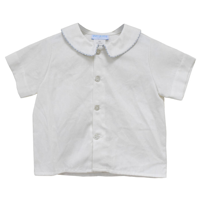 White Pique Solid Button Front Shirt Short Sleeve With Piping Light Blue Check Seersucker