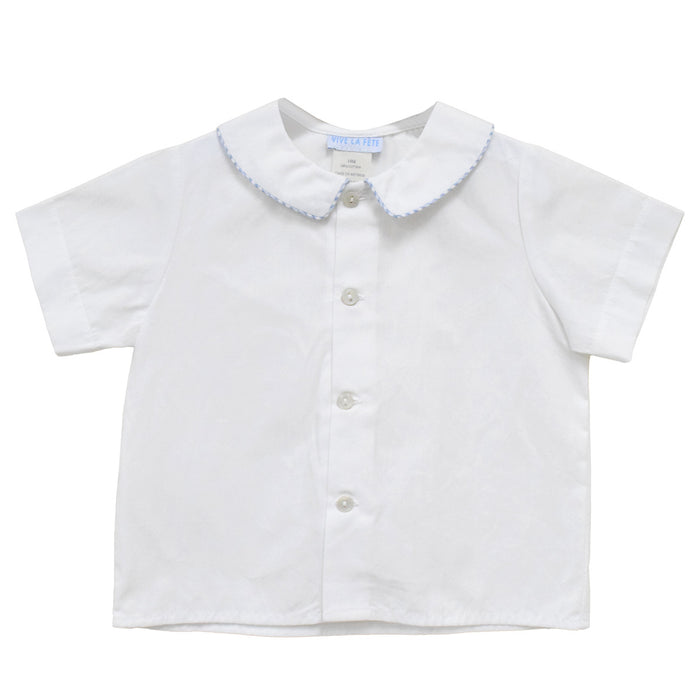 White Solid Button Front Shirt Short Sleeve With Piping Light Blue Check Seersucker