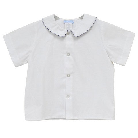 White Solid Button Front Shirt Short Sleeve With Piping Navy Medium Check