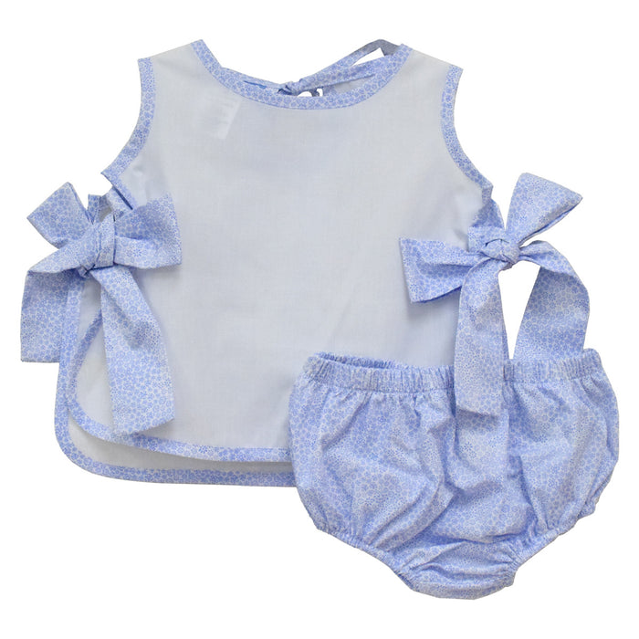 Blue Floral Print Bloomer Set With Ties on Sides