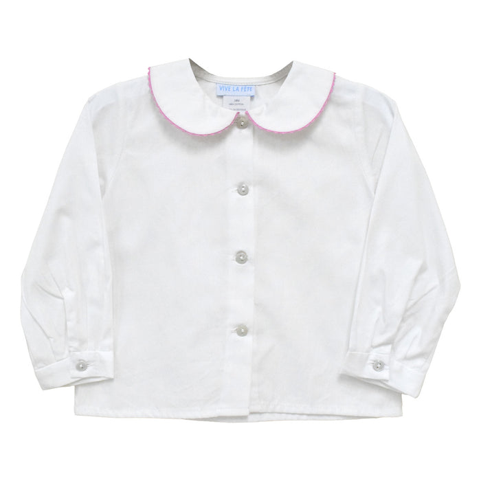 White Solid Girls Button Front Blouse Long Sleeve With Brigh Pink Ric Rac