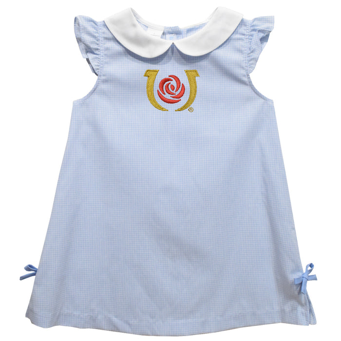 Kentucky Derby Embroidered Red Cardinal Gingham A Line Dress Light Blue - 3 - High Quality Apparels