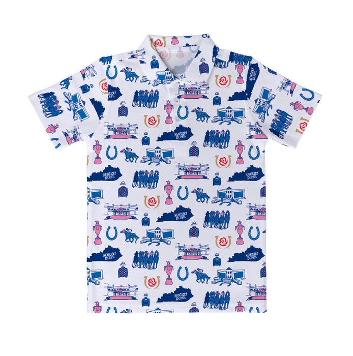 Kentucky Derby Repeat Print Vive La Fete Boys White Short Sleeve Polo Shirt