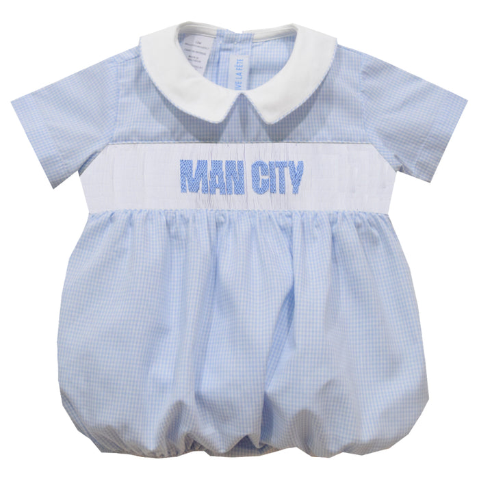 Manchester City Smocked Light Blue Gingham Short Sleeve Boys Bubble