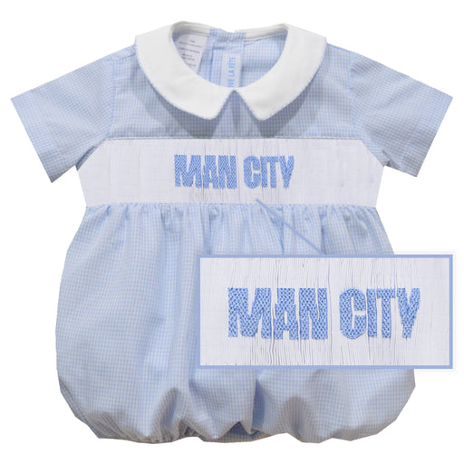 Manchester City Smocked Light Blue Gingham Short Sleeve Boys Bubble - Vive La Fête - Online Apparel Store