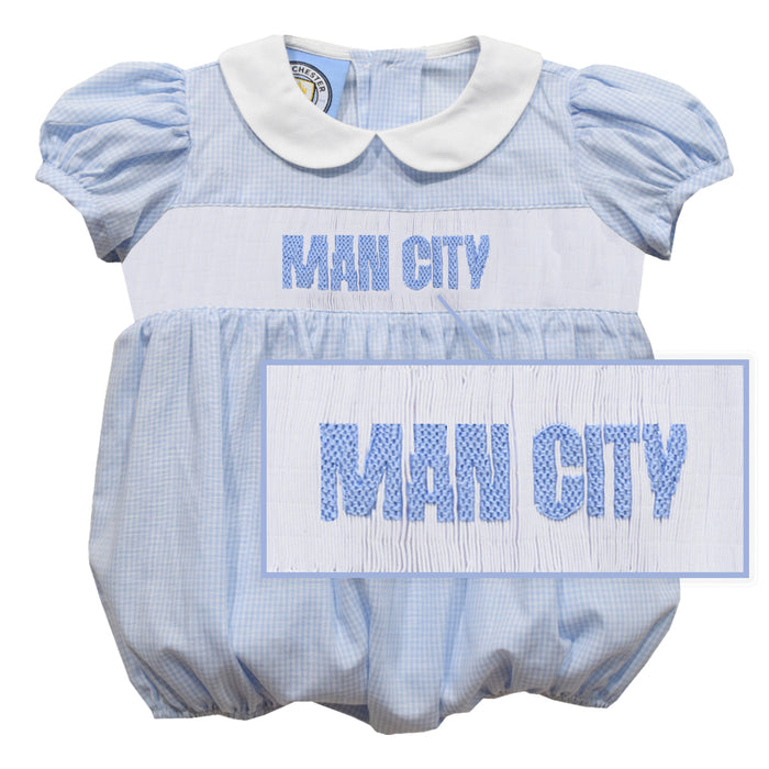 Manchester City Smocked Light Blue Gingham Girls Bubble - Vive La Fête - Online Apparel Store