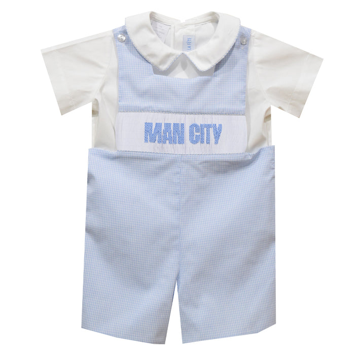 Manchester City Smocked Light Blue Gingham Jon Jon And Short Sleeve White Shirt