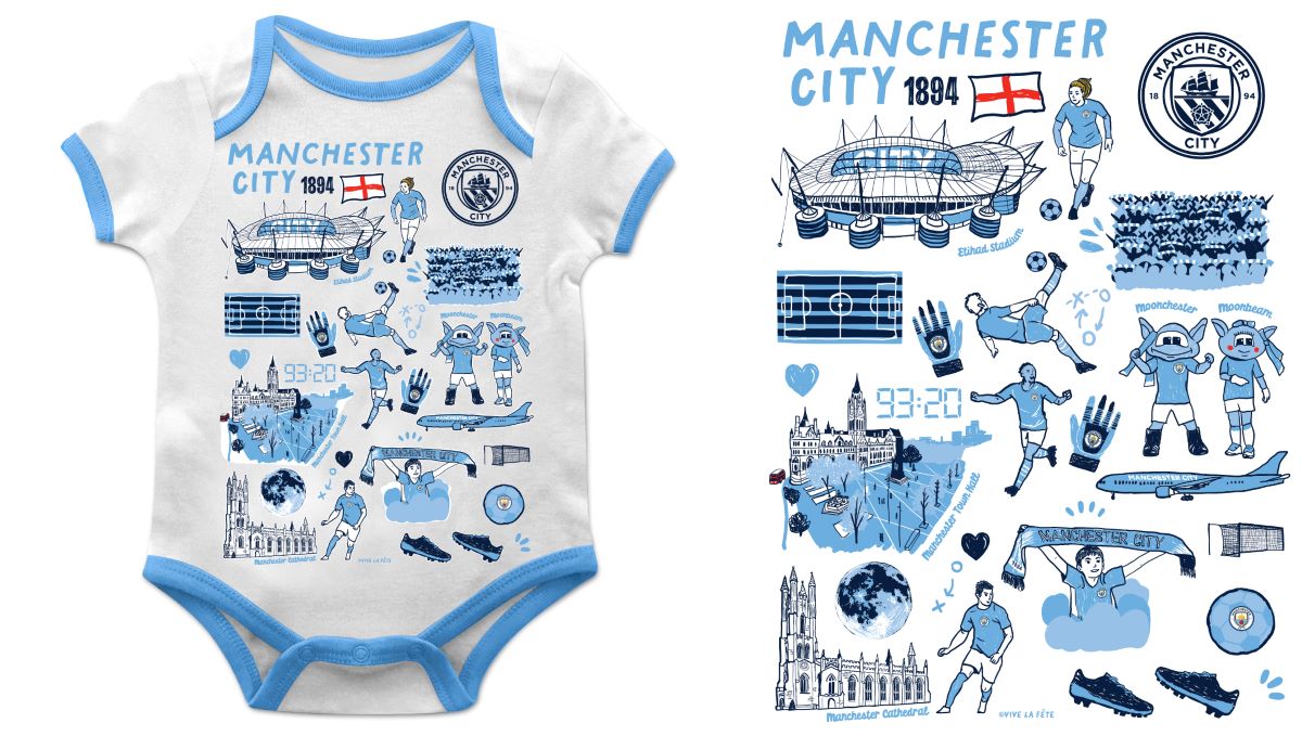 Manchester City Hand Sketched Impressions Artwork Infant White Short Sleeve Bodysuit - Vive La Fête - Online Apparel Store