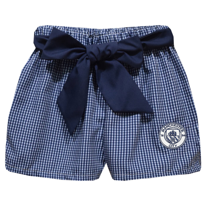 Manchester City Embroidered Navy Gingham Girls Short With Sash