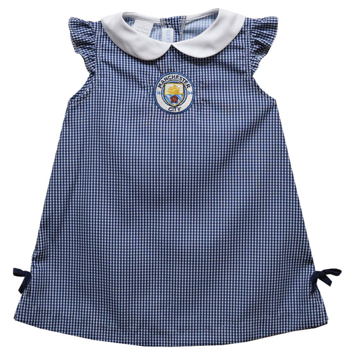 Manchester City Embroidered Navy Gingham A Line Dress