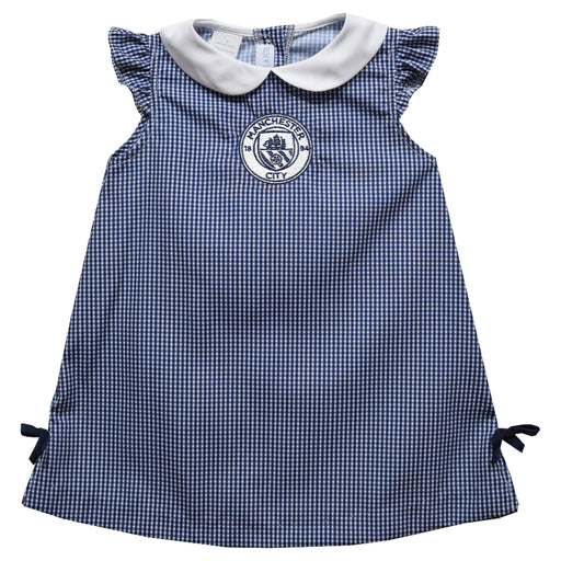 Manchester City Embroidered Navy Gingham A Line Dress