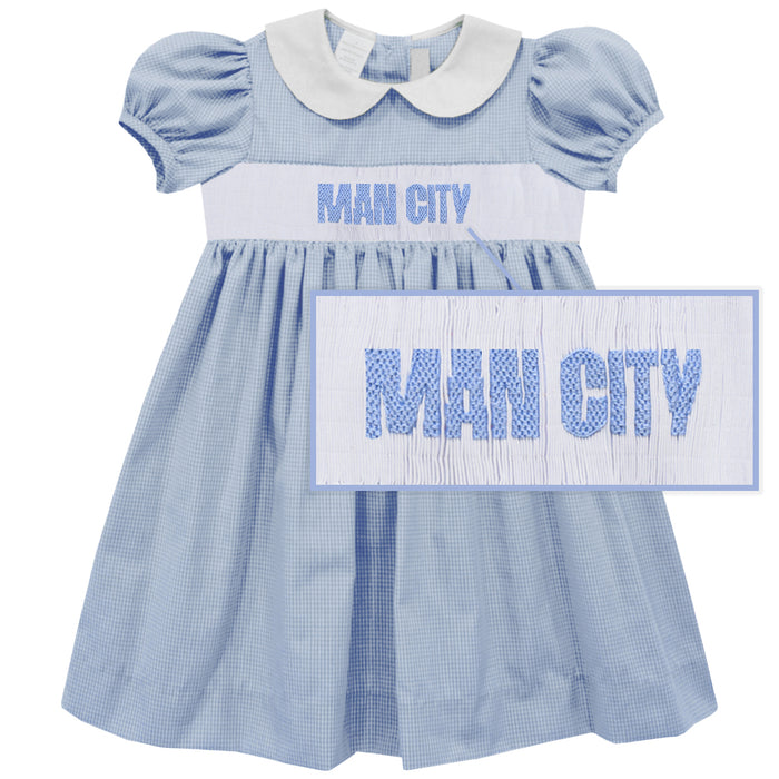 Manchester City Smocked Light Blue Gingham Girls Dress - Vive La Fête - Online Apparel Store