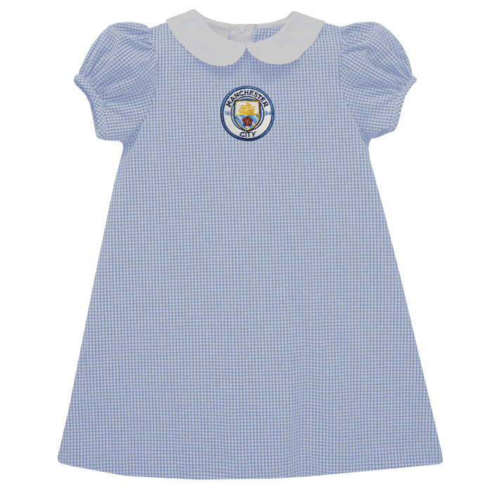 Manchester City Embroidered Light Blue Gingham A Line Dress Short Sleeve