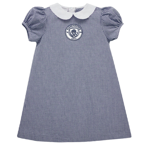 Manchester City Embroidered Navy Gingham A Line Dress Short Sleeve