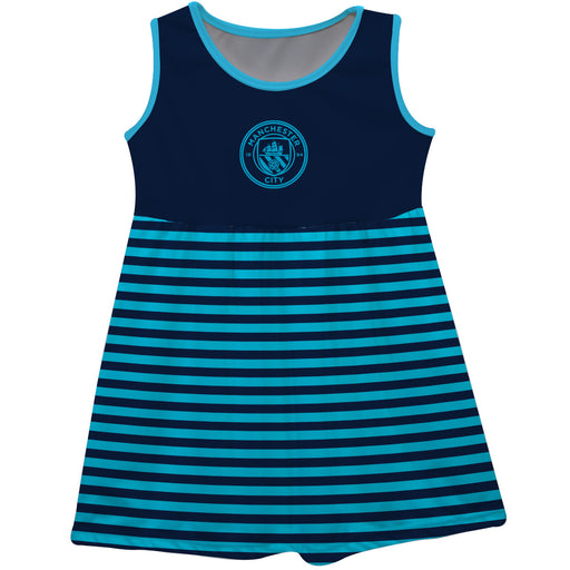 Manchester City Girls Sleeveless Tank Dress Solid Blue Logo Stripes on Skirt