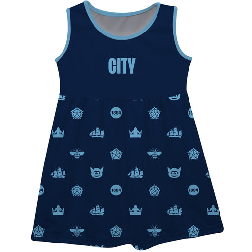 Manchester City Girls Sleeveless Tank Dress Solid Blue Logo Stripes on Skirt