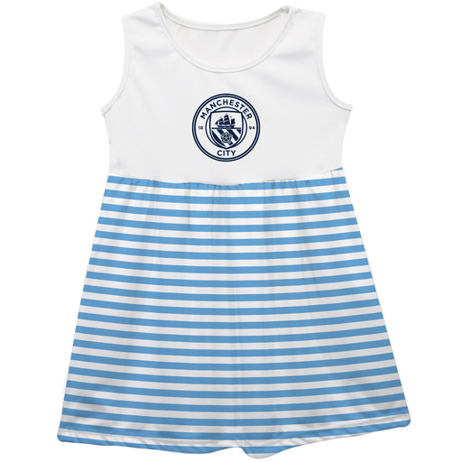 Manchester City Girls White Sleeveless Tank Dress Light Blue Stripes on Skirt