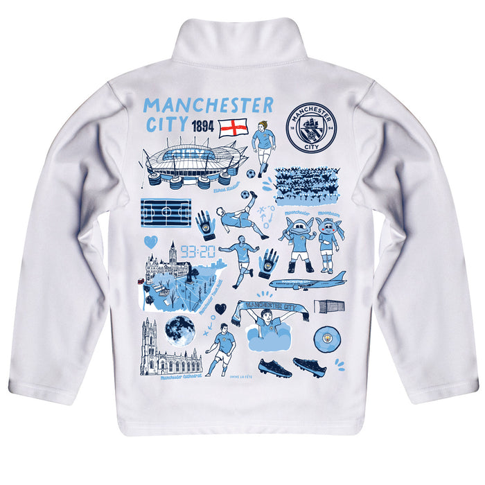 Manchester City Hand Sketched Impressions Artwork White Boys Quarter Zip Pullover - Vive La Fête - Online Apparel Store