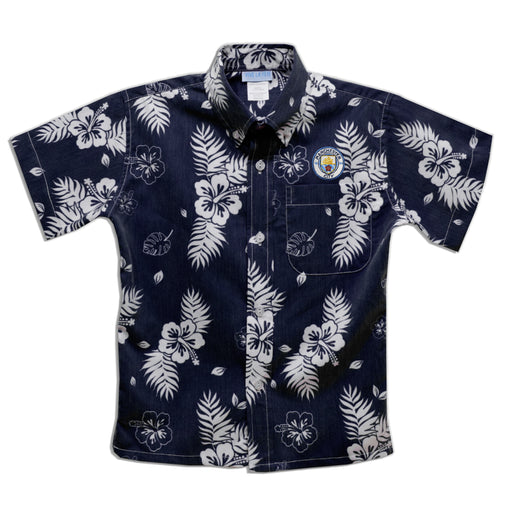 Manchester City Embroidered Navy Hawaiian Short Sleeve Button Down Shirt