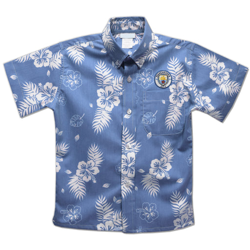Manchester City Embroidered Light Blue Hawaiian Short Sleeve Button Down Shirt
