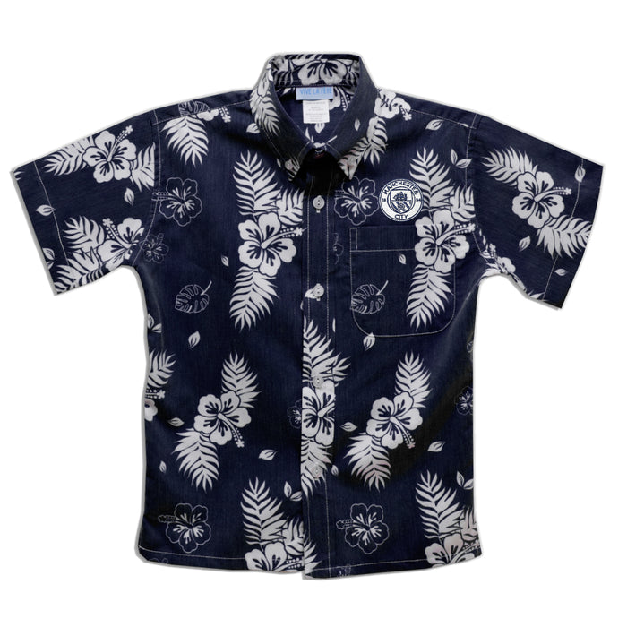 Manchester City Embroidered Navy Hawaiian Short Sleeve Button Down Shirt