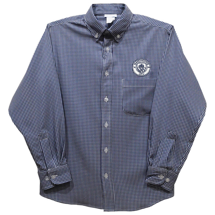 Manchester City Embroidered Navy Gingham Long Sleeve Button Down Shirt