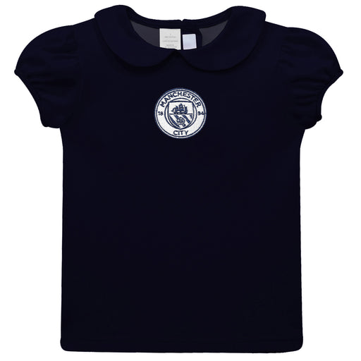 Manchester City Embroidered Navy Knit Girls Top Puff Sleeve