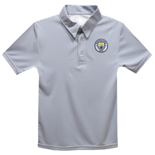 Manchester City Embroidered Gray Stripes Short Sleeve Polo Box Shirt