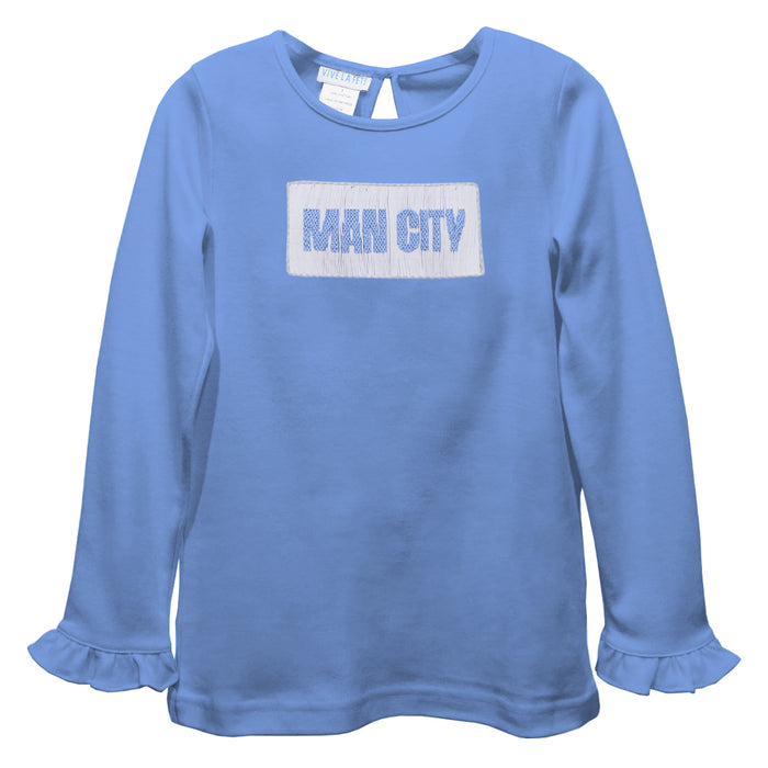 Manchester City Smocked Light Blue Knit Ruffle Long Sleeve Girls Tshirt