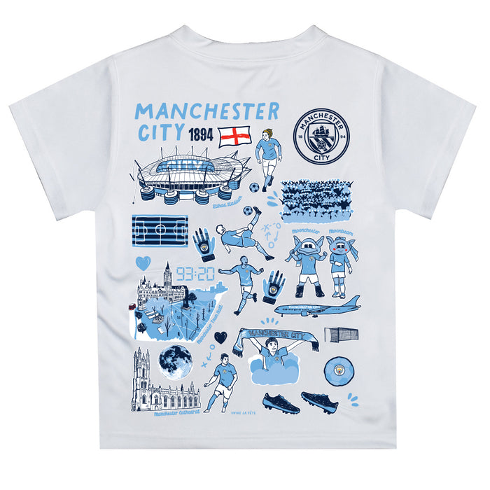 Manchester City Hand Sketched Impressions Artwork Boys White Short Sleeve Tee Shirt - Vive La Fête - Online Apparel Store