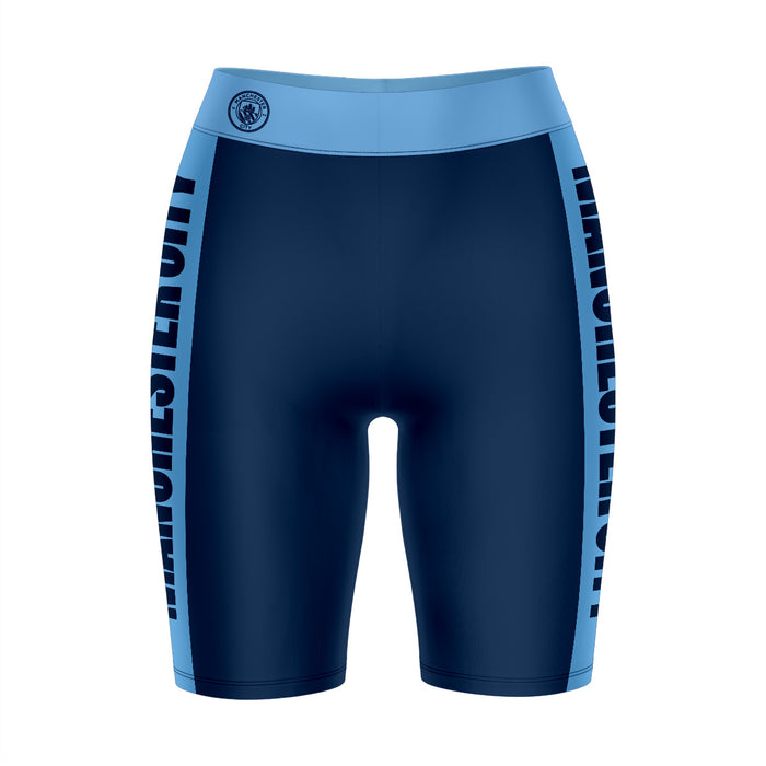 Manchester City Logo on Waistband and Light Blue Stripes Black Women Bike Short 9 Inseam