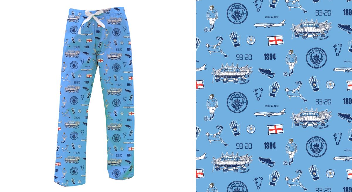 Manchester City Repeat Print Hand Sketched Impressions Artwork Womens Light Blue Lounge Pants - Vive La Fête - Online Apparel Store