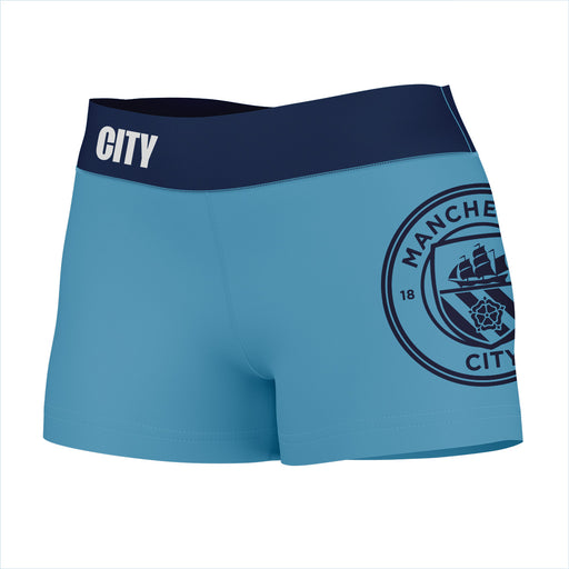Manchester City Logo on Thigh & Waistband Black & Navy Women Yoga Booty Workout Shorts 3.75 Inseam"