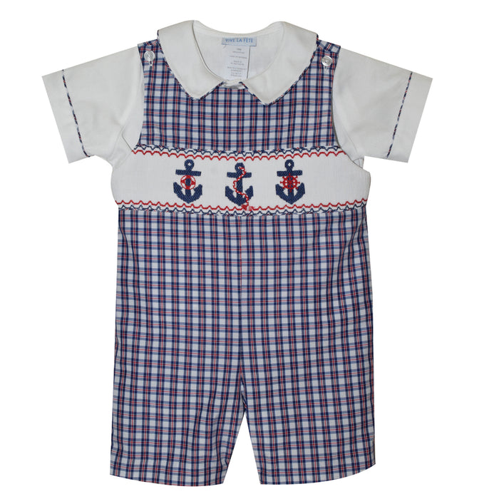 Anchors Smocked Navy and Red Plaid Boys Shortall and White Shirt Short Sleeve - Vive La Fête - Online Apparel Store