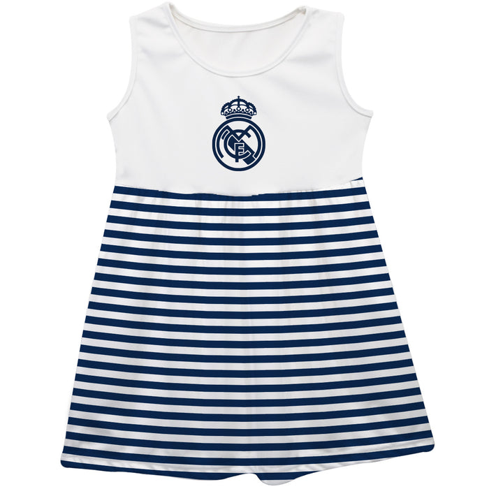 Real Madrid Girls White Sleeveless Tank Dress Navy Stripes on Skirt