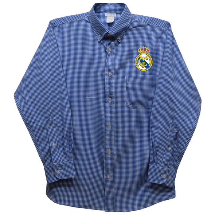 Real Madrid Vive La Fete Gingham Button Down Long Sleeve Shirt - Royal