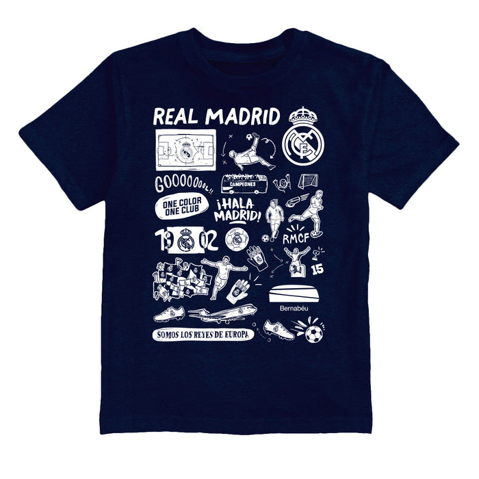 Real Madrid Impressions Artwork Boys Navy Cotton Short Sleeve Tee