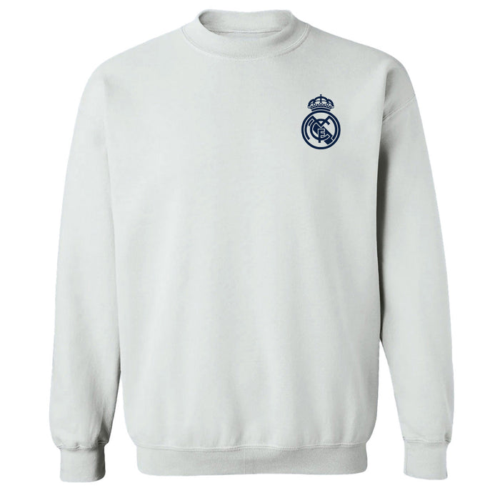 Real Madrid Impressions Artwork Women White Cotton Fleece Long Sleeve Crew Neck