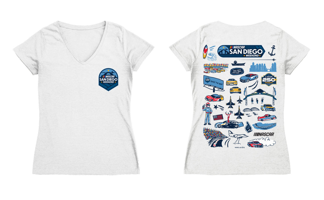 San Diego Nascar Women's V-neck Fitted Cotton T-Shirt White - Vive La Fête - Online Apparel Store
