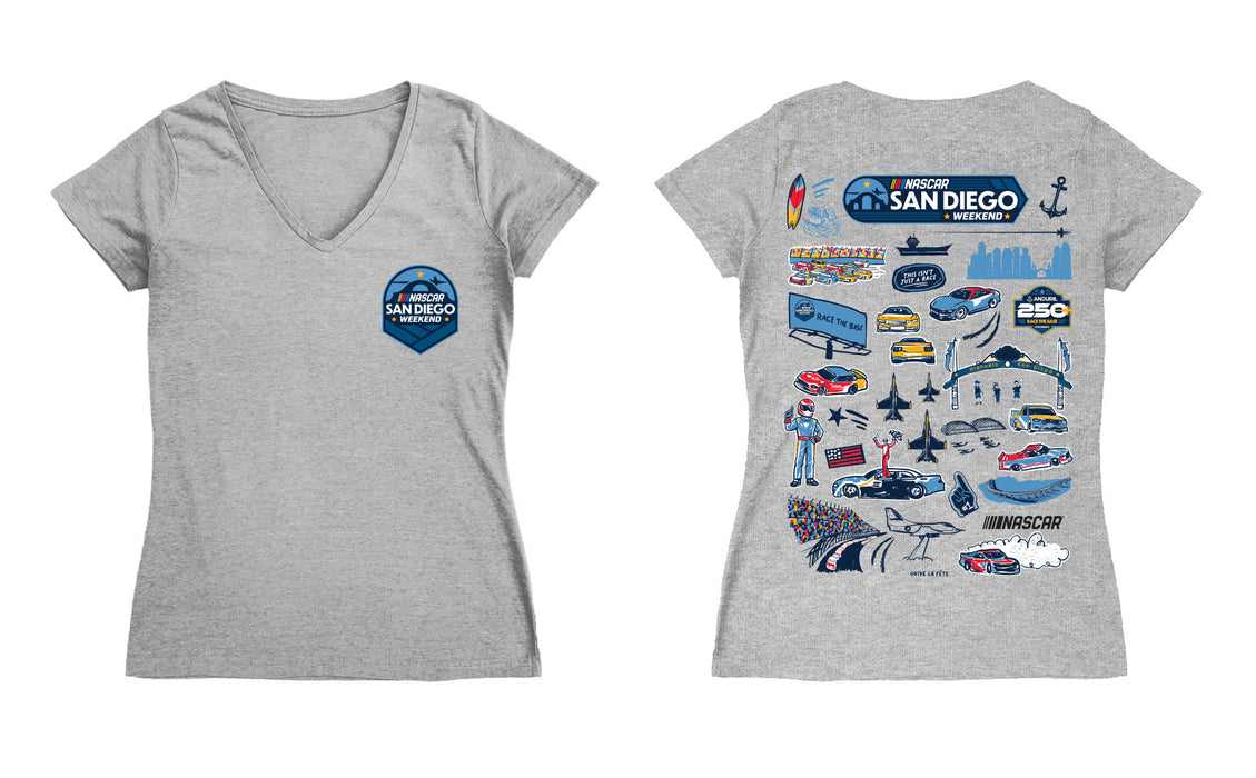 San Diego Nascar Women's V-neck Fitted Cotton T-Shirt Gray - Vive La Fête - Online Apparel Store