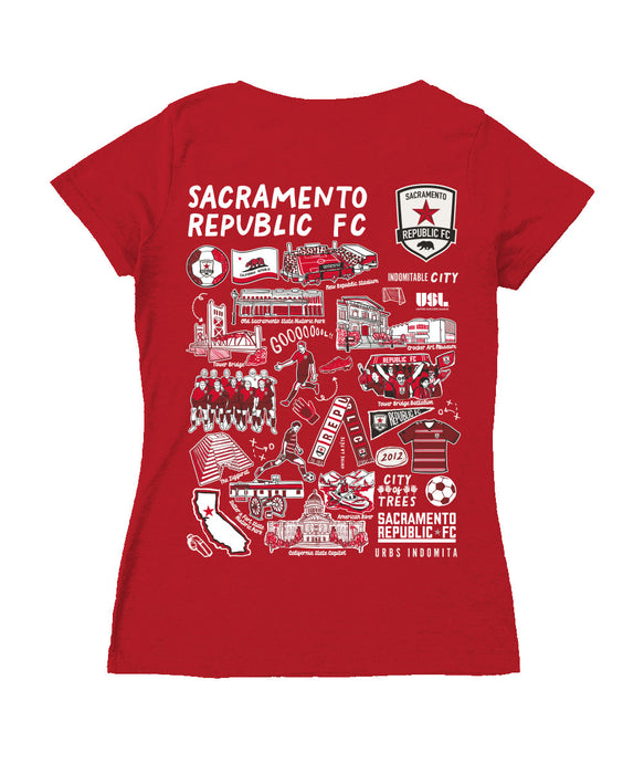 Sacramento Republic Women's V-neck Fitted Red Cotton T-Shirt - Vive La Fête - Online Apparel Store