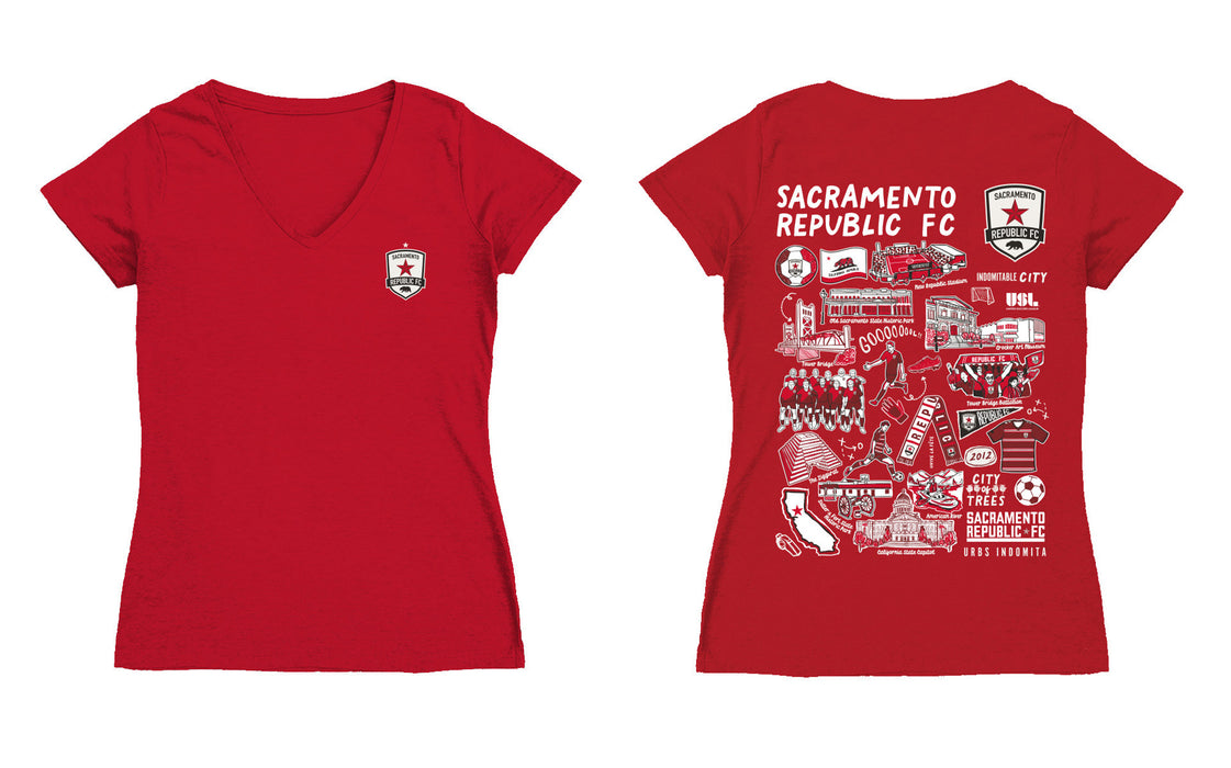 Sacramento Republic Women's V-neck Fitted Red Cotton T-Shirt - Vive La Fête - Online Apparel Store