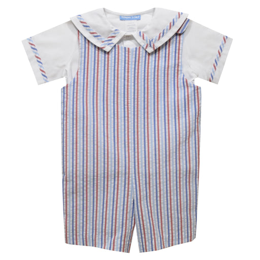 Sailor Blue and Red Stripe Seersucker Boys Shortall and Shirt Short Sleeve - Vive La Fête - Online Apparel Store
