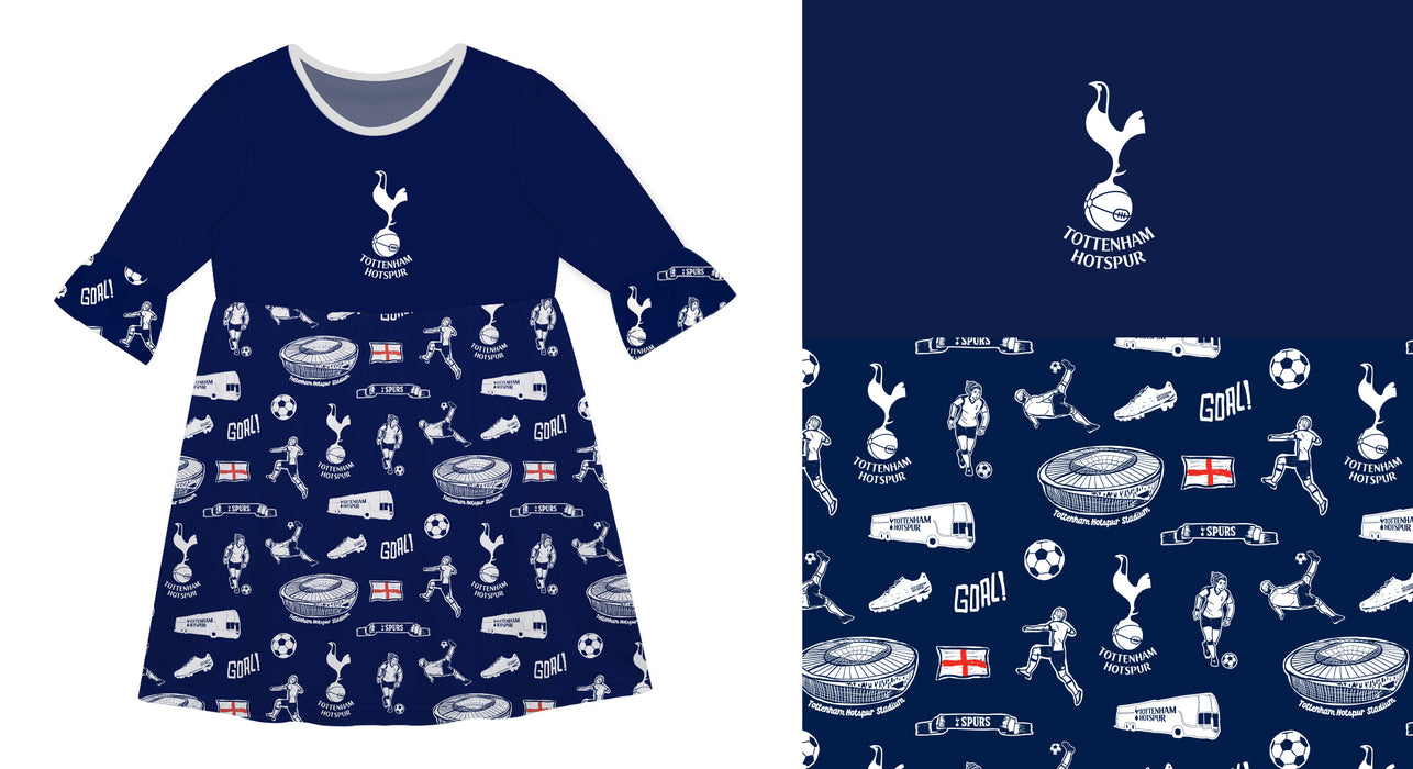 Tottenham Hotspur 3/4 Sleeve Solid Navy Repeat Print Hand Sketched Vive La Fete Impressions Artwork on Skirt - Vive La Fête - Online Apparel Store