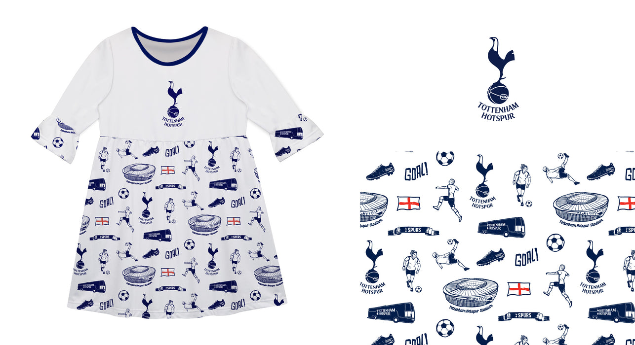 Tottenham Hotspur 3/4 Sleeve Solid White Repeat Print Hand Sketched Impressions Artwork on Skirt - Vive La Fête - Online Apparel Store