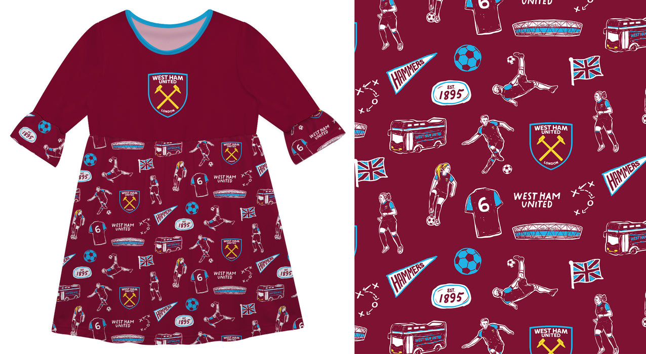 West Ham United Vive La Fete Girls Impressions Artwork Amy Dress With Stripes On Skirs - Maroon - Vive La Fête - Online Apparel Store