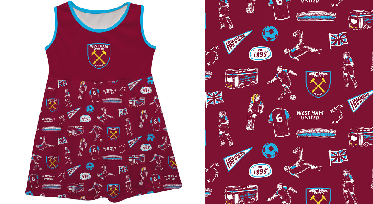 West Ham United Tank Dress Girls Maroon Logo and Repeat Print Hand Sketched Impressions Artwork - Vive La Fête - Online Apparel Store