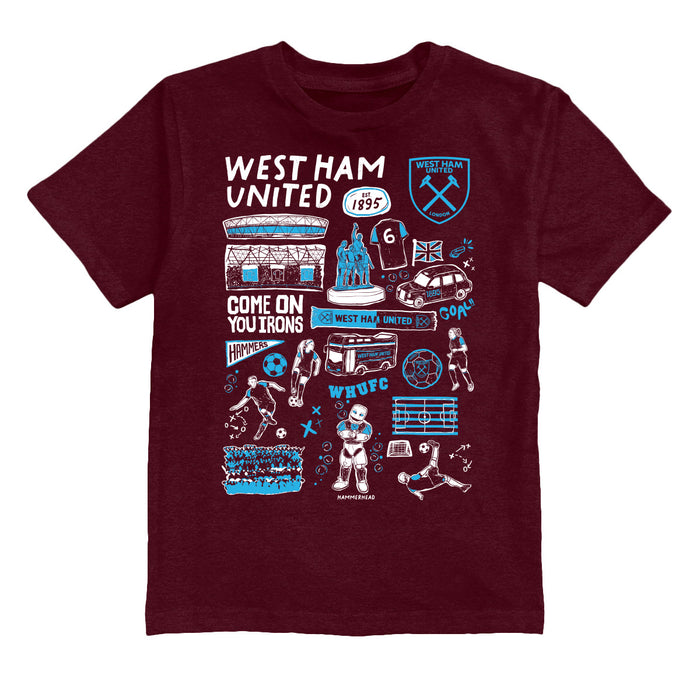 West Ham United Impressions Artwork Boys Maroon Cotton Short Sleeve Tee