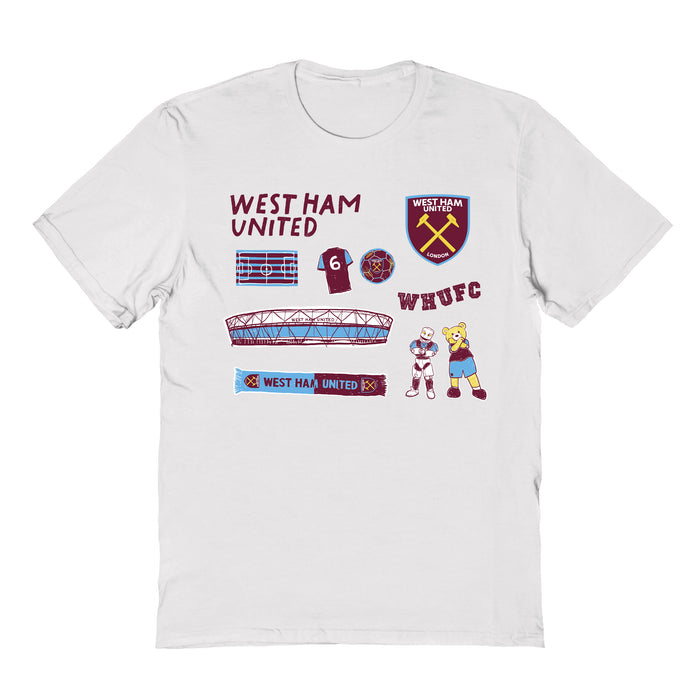 West Ham United Impressions Artwork White Youth Cotton T-Shirt