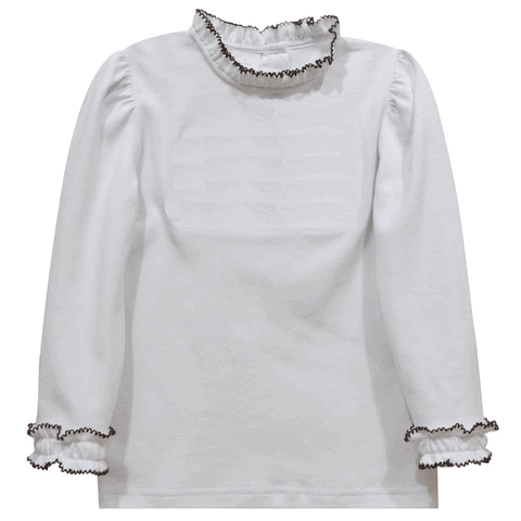 White Knit Long Sleeve Girls Ruffle Blouse With Picot Brown